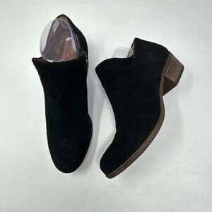 Lucky Brand Brett Black Suede Ankle Booties Women’s Sz 9 Side Zip Block Heel